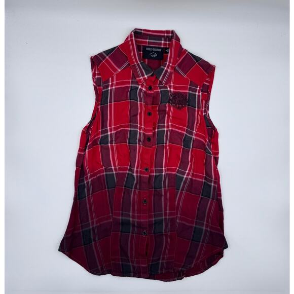 Harley Davidson Womens Red Plaid Sleeveless Button Up Shirt Size XS - Picture 4 of 5